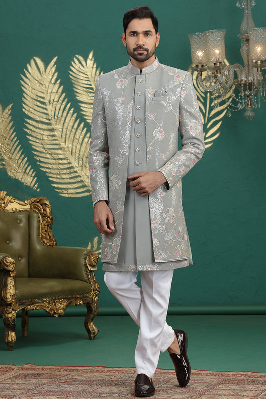 Grey Art Silk Mens 3 piece Indo Western (NMK-8646) - Nihal Fashions