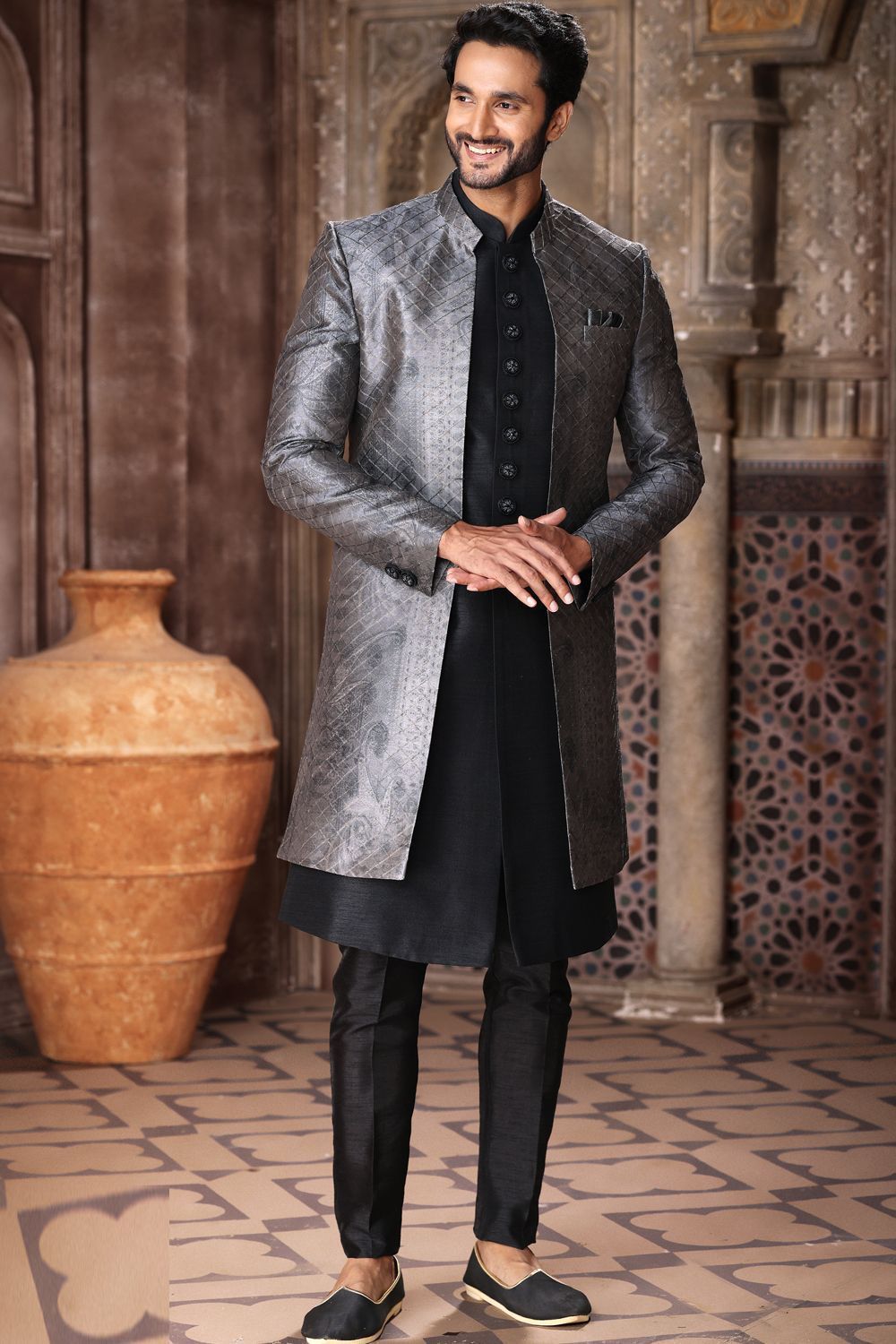 Grey Art Silk Mens Indo Western (NMK-6843) - Nihal Fashions