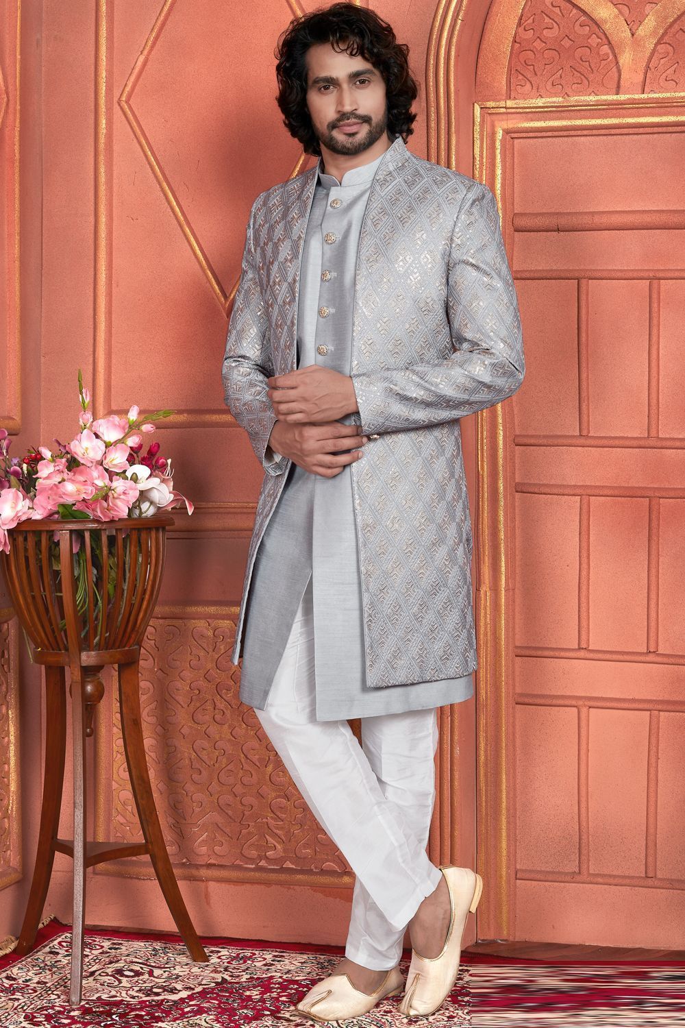Grey Art Silk Mens Indo Western (NMK-7682) - Nihal Fashions