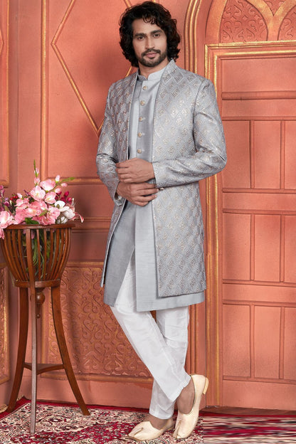 Grey Art Silk Mens Indo Western (NMK-7682) - Nihal Fashions