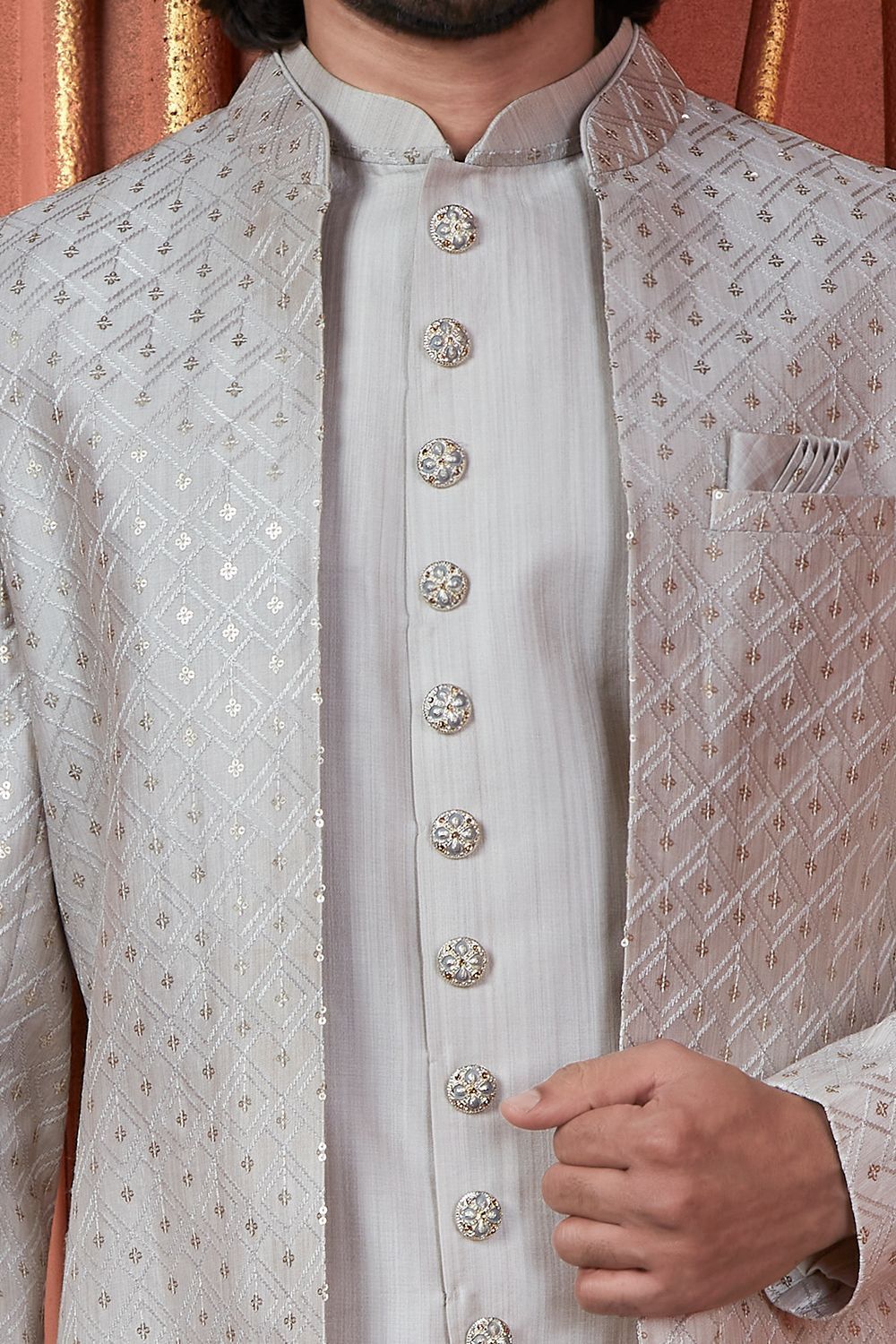 Grey Art Silk Mens Indo Western (NMK-7724) - Nihal Fashions