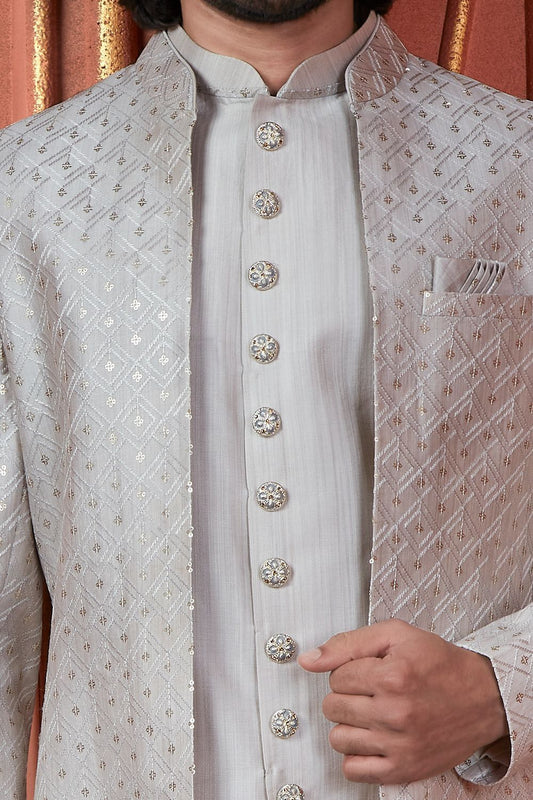 Grey Art Silk Mens Indo Western (NMK-7724) - Nihal Fashions