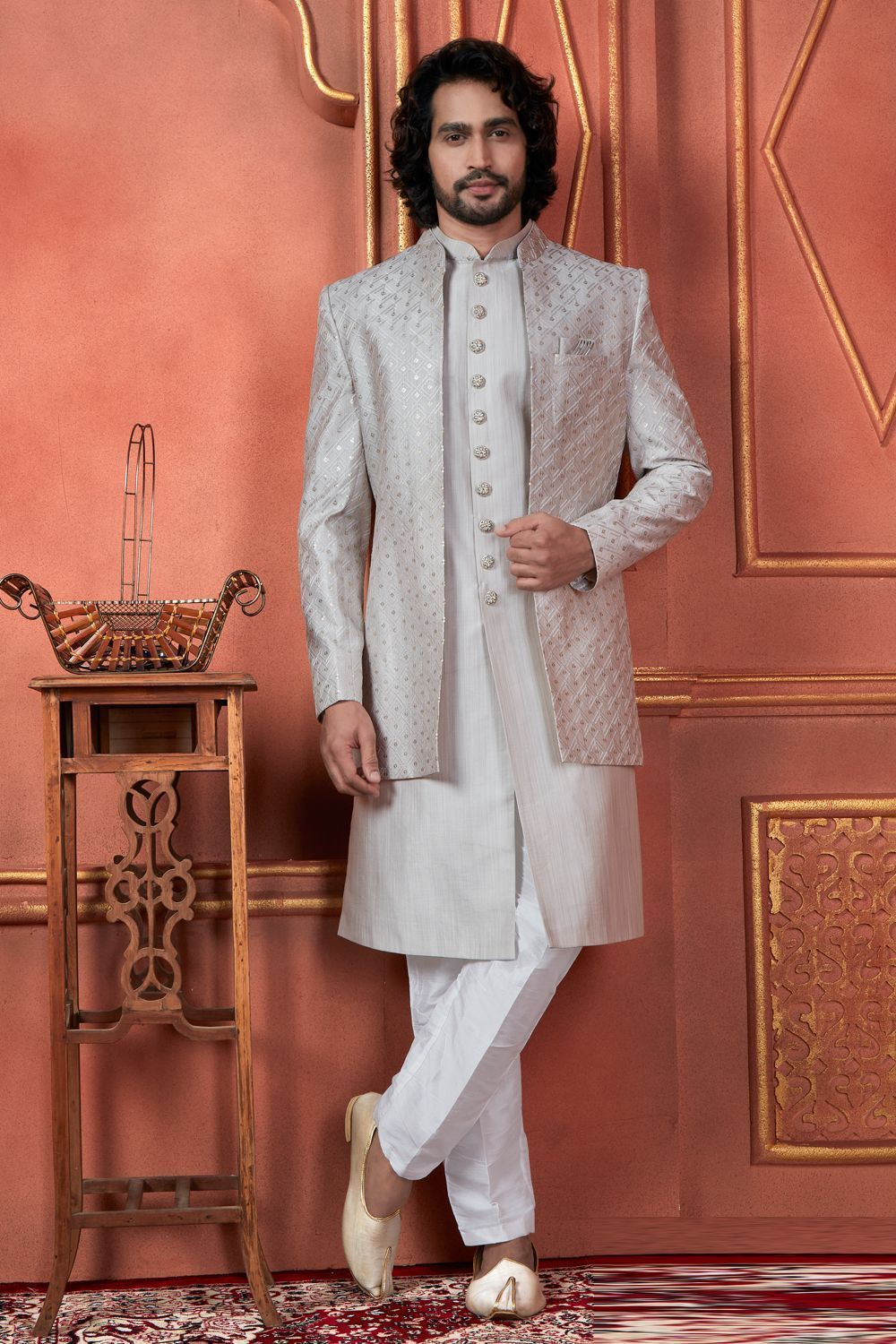 Grey Art Silk Mens Indo Western (NMK-7724) - Nihal Fashions