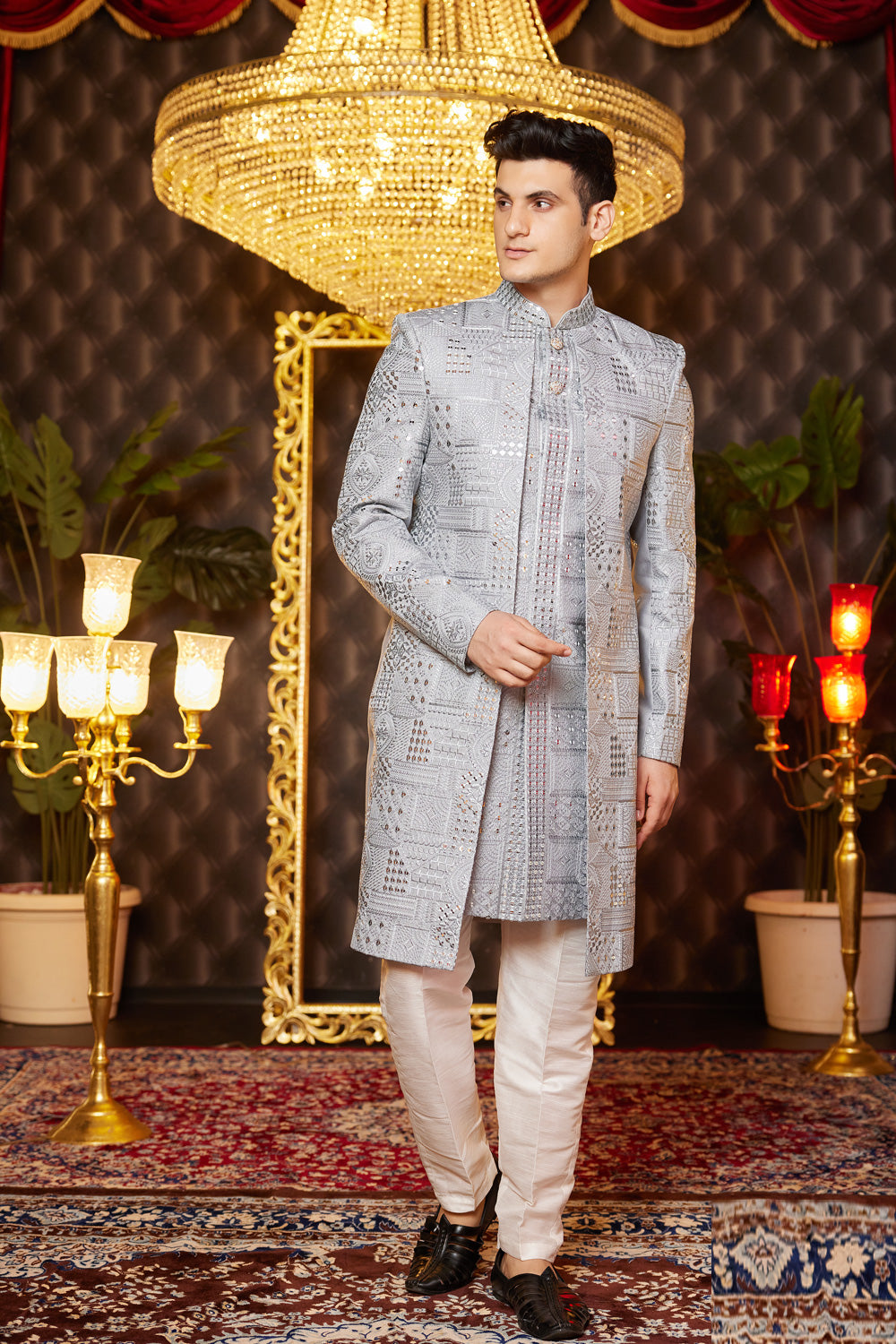 Grey Art Silk Mens Indo Western (NMK-8249) - Nihal Fashions