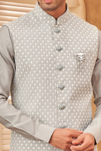 Grey Art Silk Mens Nehru Jacket (NMK-8032) - Nihal Fashions