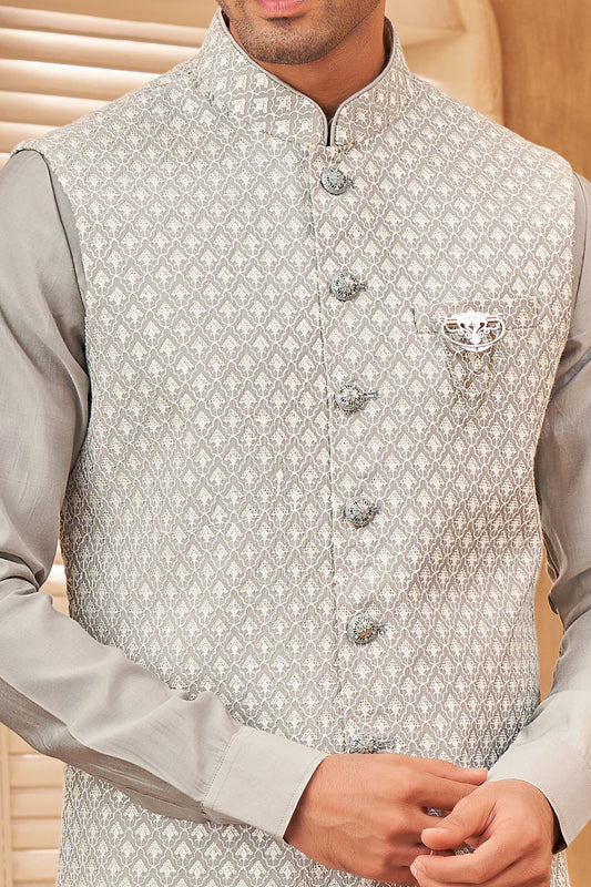 Grey Art Silk Mens Nehru Jacket (NMK-8032) - Nihal Fashions
