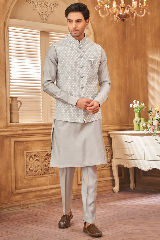 Grey Art Silk Mens Nehru Jacket (NMK-8032) - Nihal Fashions