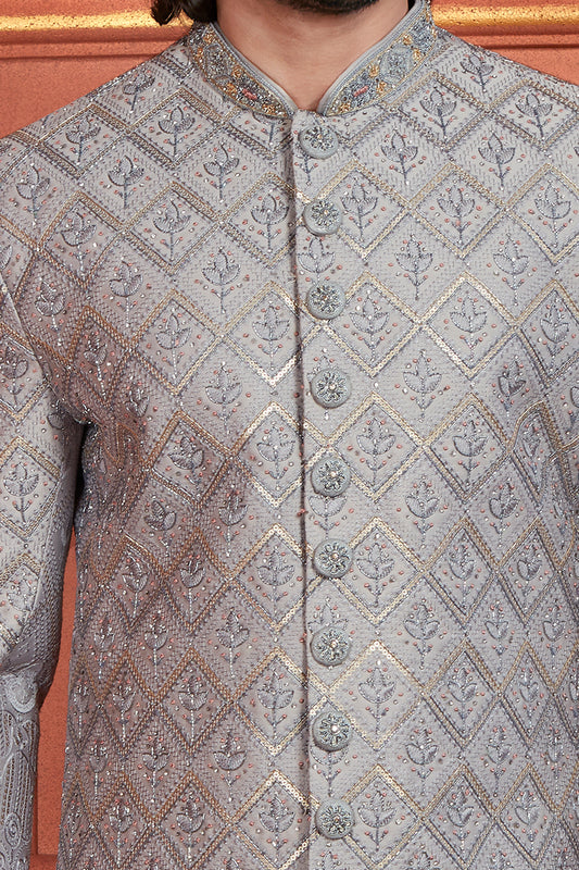 Grey Art Silk Mens Sherwani (NMK-7890) - Nihal Fashions