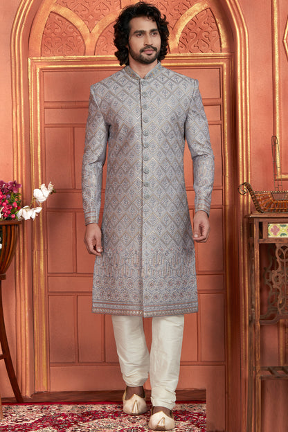 Grey Art Silk Mens Sherwani (NMK-7890) - Nihal Fashions