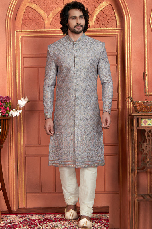 Grey Art Silk Mens Sherwani (NMK-7890) - Nihal Fashions