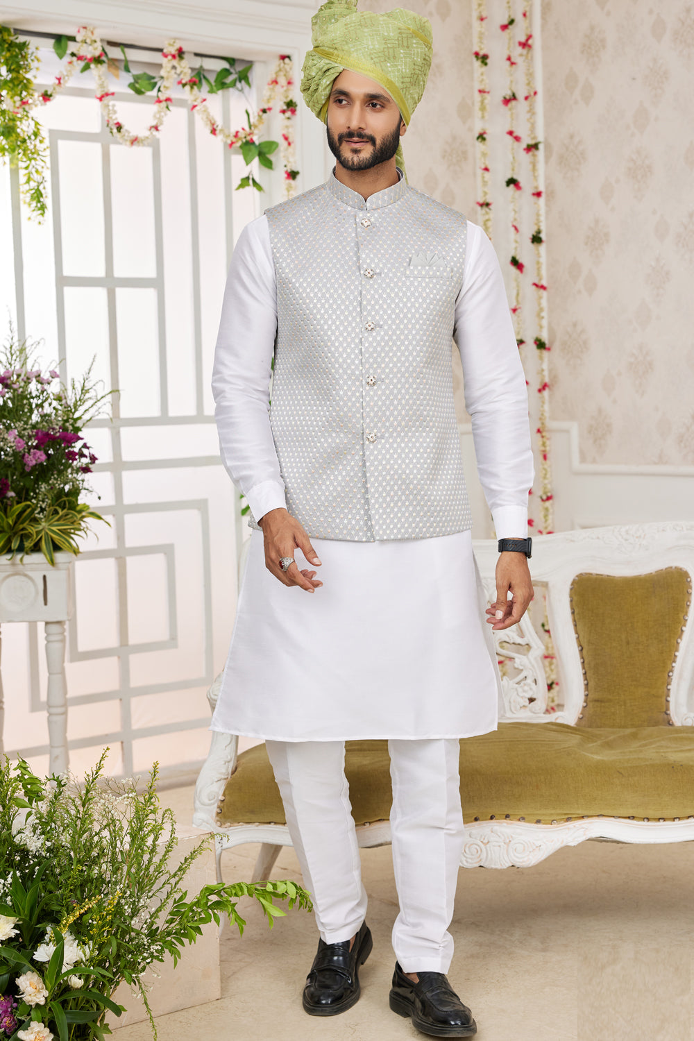 Grey Art Silk Nehru Jacket for Men (NMK-7975) - Nihal Fashions