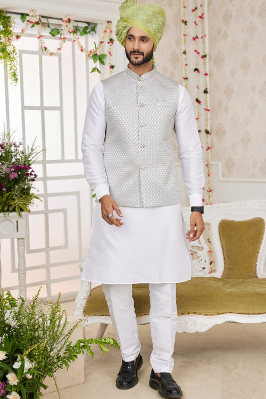 Grey Art Silk Nehru Jacket for Men (NMK-7975) - Nihal Fashions