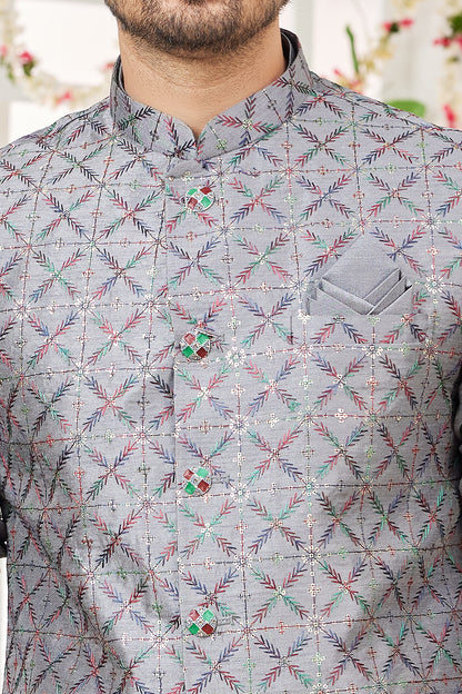 Grey Art Silk Nehru Jacket (NMK-7977) - Nihal Fashions