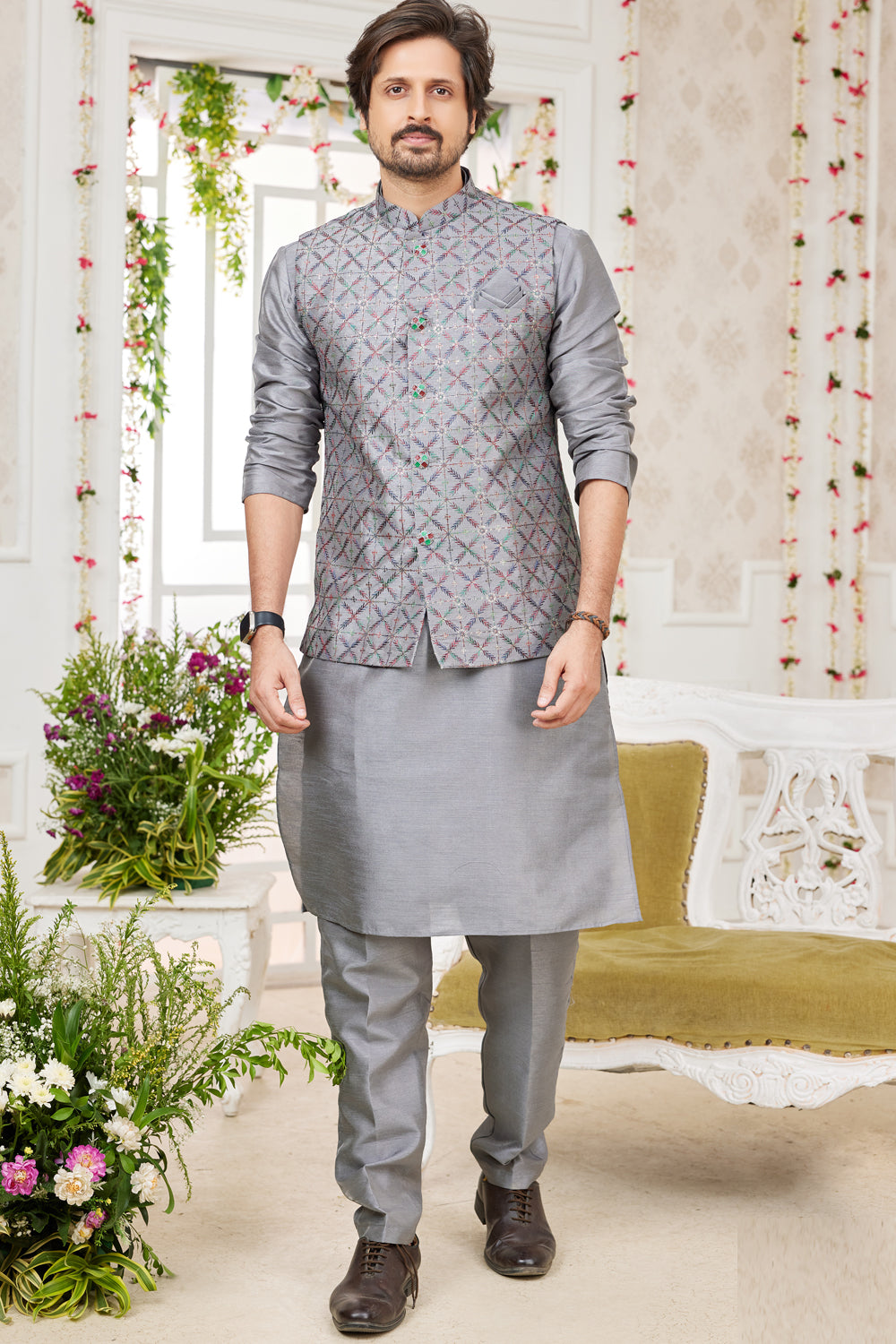 Grey Art Silk Nehru Jacket (NMK-7977) - Nihal Fashions
