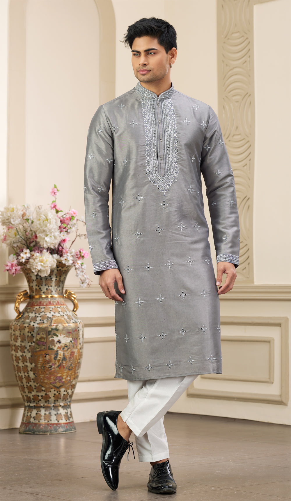 Grey Banarasi Art Silk Kurta Pajama (NMK-8388) - Nihal Fashions