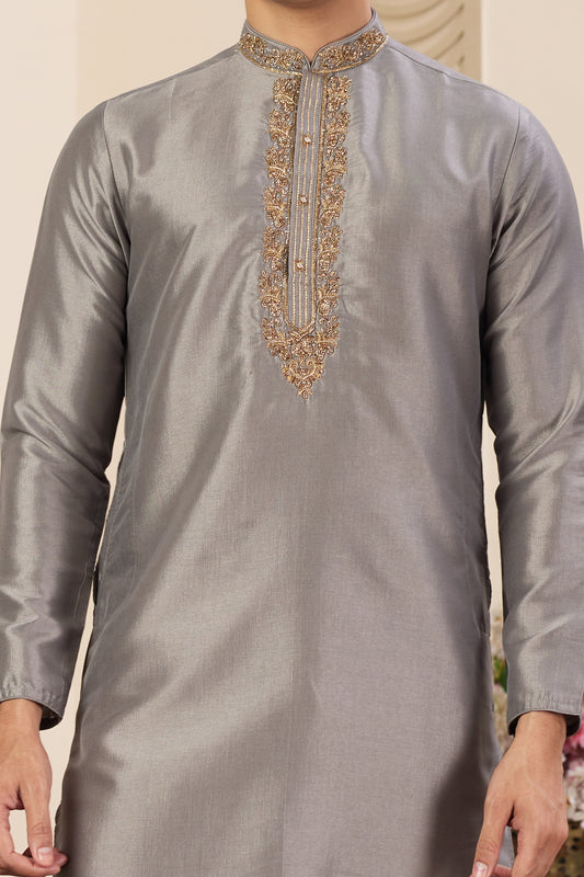 Grey Banarasi Art Silk Kurta Pajama (NMK-8466) - Nihal Fashions