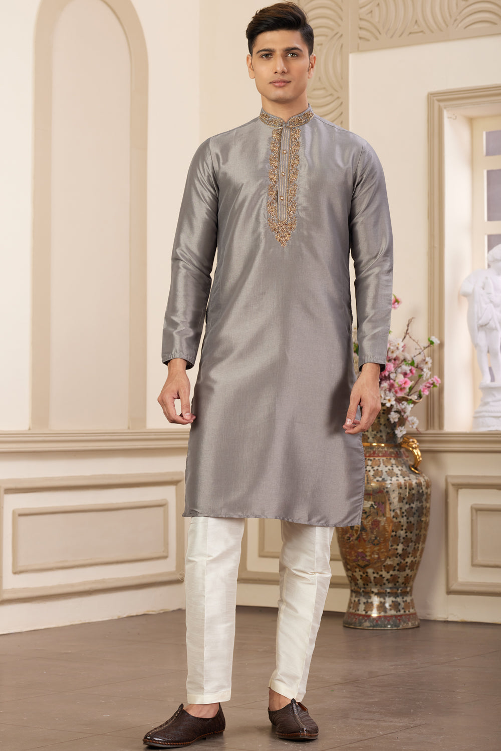 Grey Banarasi Art Silk Kurta Pajama (NMK-8466) - Nihal Fashions