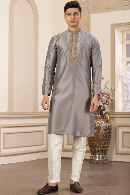 Grey Banarasi Art Silk Kurta Pajama (NMK-8466) - Nihal Fashions