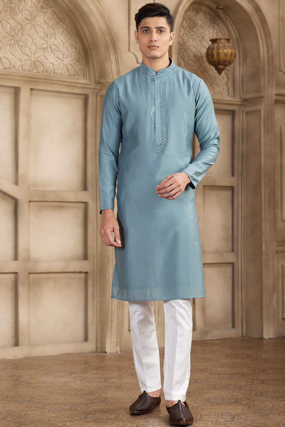 Grey Banarasi Art Silk Mens Kurta Pajama (NMK-8484) - Nihal Fashions