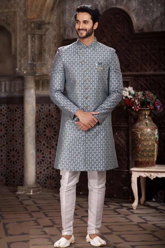 Grey Banarasi Jaquard Indo Western (NMK-6867) - Nihal Fashions