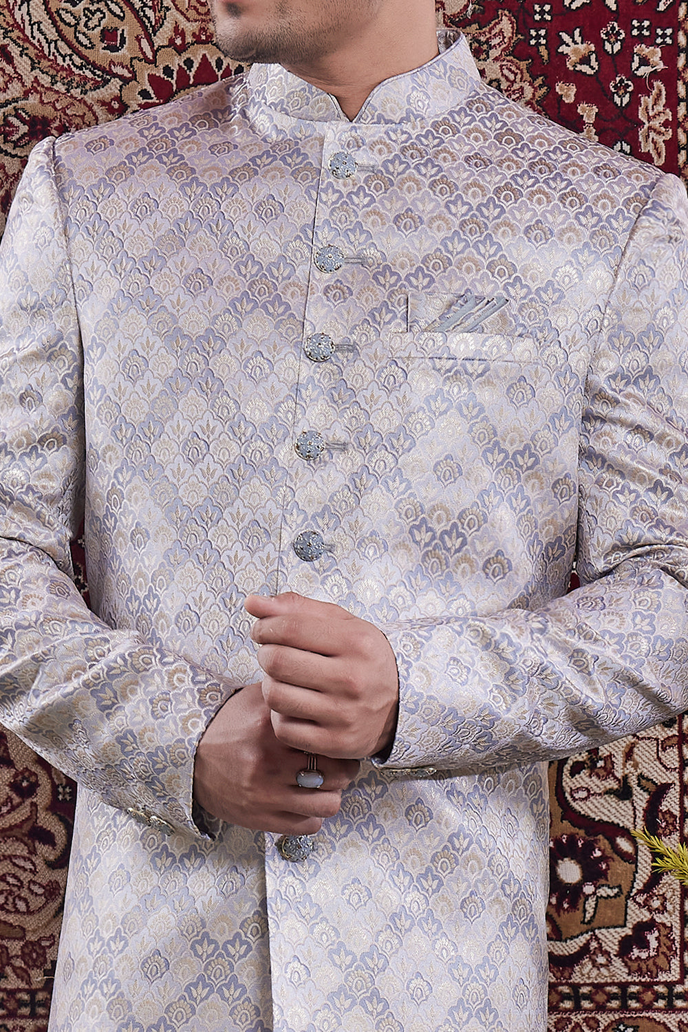 Grey Banarasi Jaquard Indo Western (NMK-8548) - Nihal Fashions