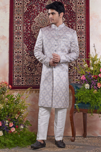 Grey Banarasi Jaquard Indo Western (NMK-8548) - Nihal Fashions