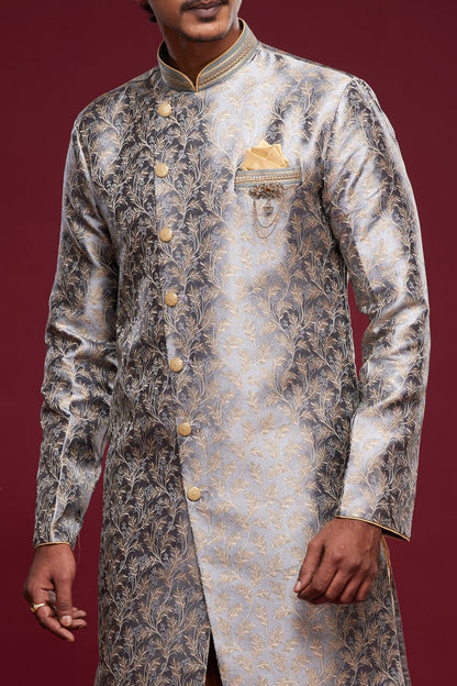 Grey Banarasi Jaquard Mens Indo Western (NMK-6989) - Nihal Fashions