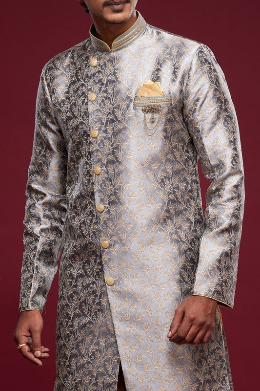 Grey Banarasi Jaquard Mens Indo Western (NMK-6989) - Nihal Fashions