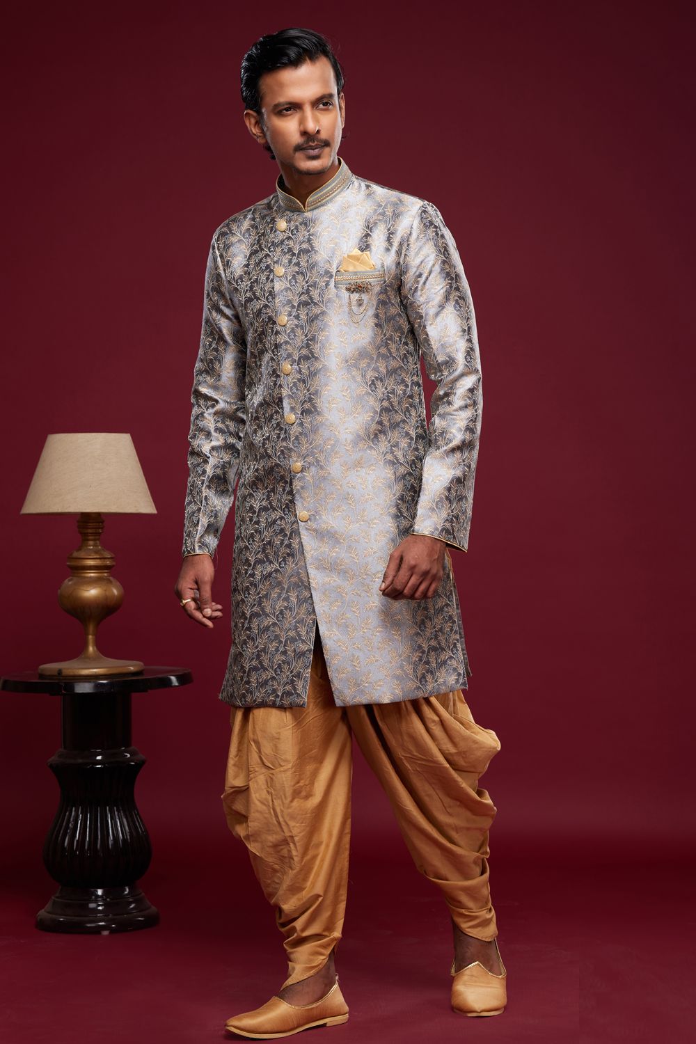 Grey Banarasi Jaquard Mens Indo Western (NMK-6989) - Nihal Fashions