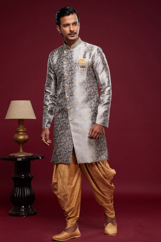 Grey Banarasi Jaquard Mens Indo Western (NMK-6989) - Nihal Fashions