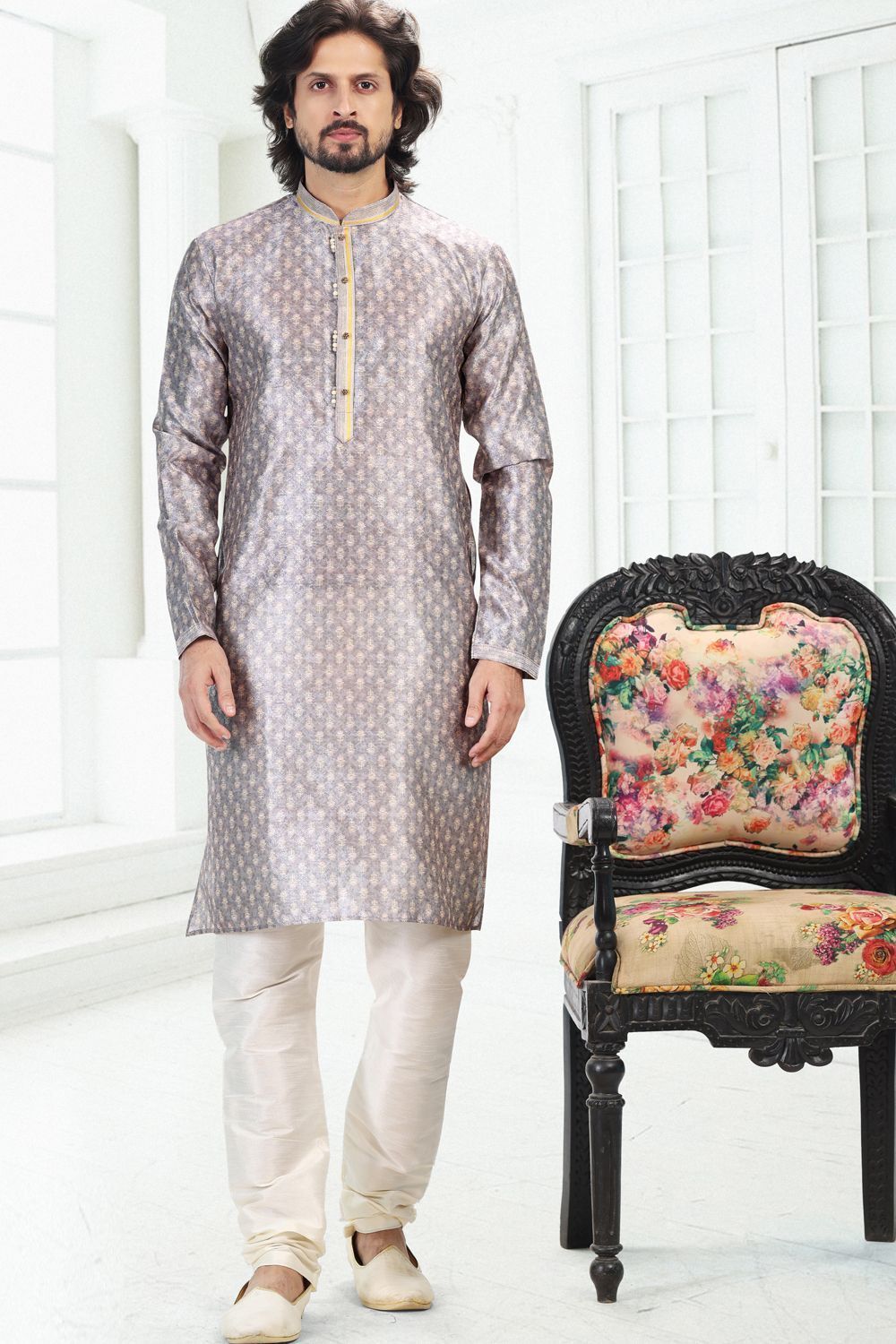 Grey Banarasi Silk Casual Kurta for Men (NMK-6697) - Nihal Fashions