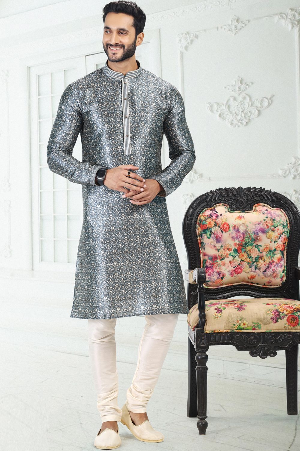 Grey Banarasi Silk Casual Kurta Pajama (NMK-6692) - Nihal Fashions