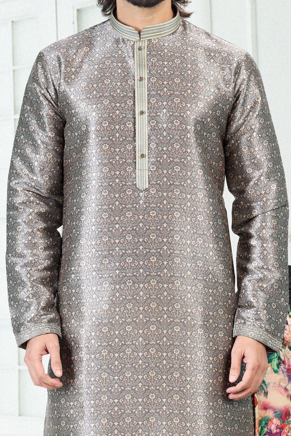 Grey Banarasi Silk Kurta for Men (NMK-6694) - Nihal Fashions