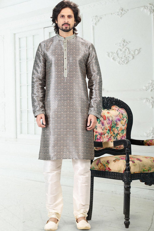 Grey Banarasi Silk Kurta for Men (NMK-6694) - Nihal Fashions