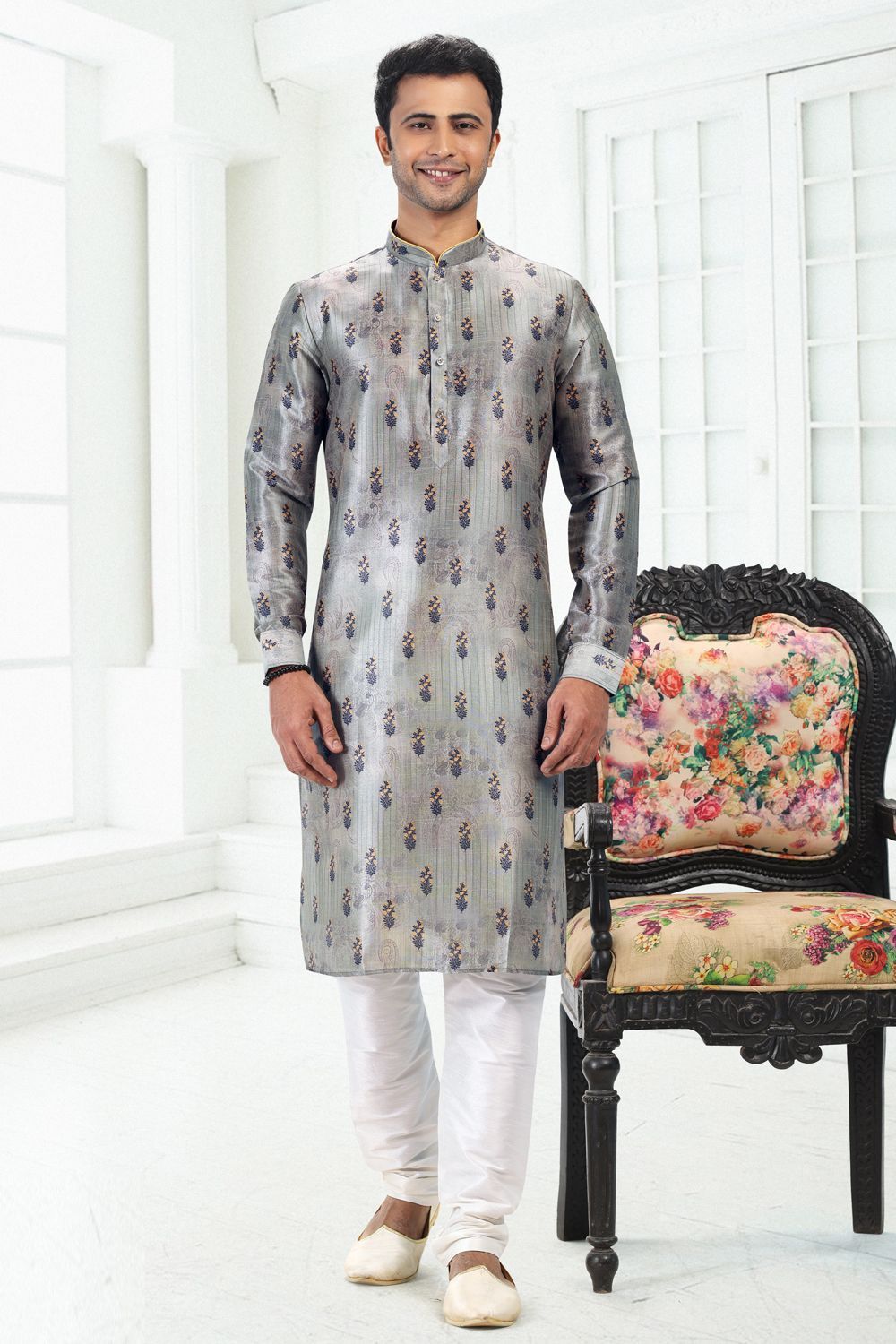 Grey Banarasi Silk Kurta Pajama for Men (NMK-6705) - Nihal Fashions