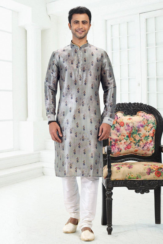 Grey Banarasi Silk Kurta Pajama for Men (NMK-6705) - Nihal Fashions