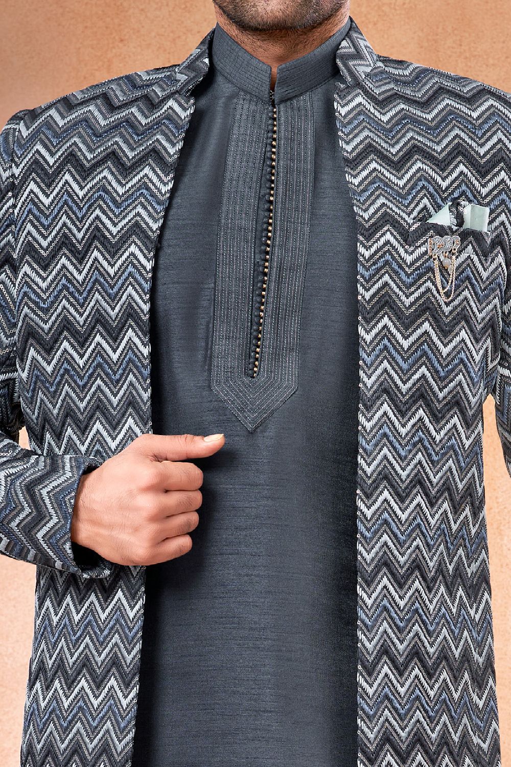 Grey Banarasi Silk Mens Jodhpuri (NMK-7251) - Nihal Fashions