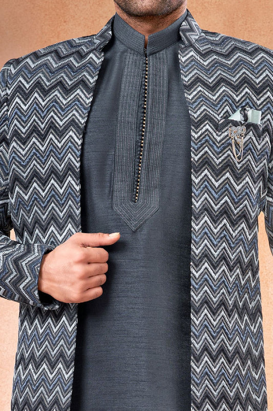 Grey Banarasi Silk Mens Jodhpuri (NMK-7251) - Nihal Fashions