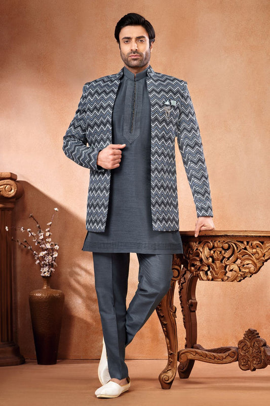 Grey Banarasi Silk Mens Jodhpuri (NMK-7251) - Nihal Fashions
