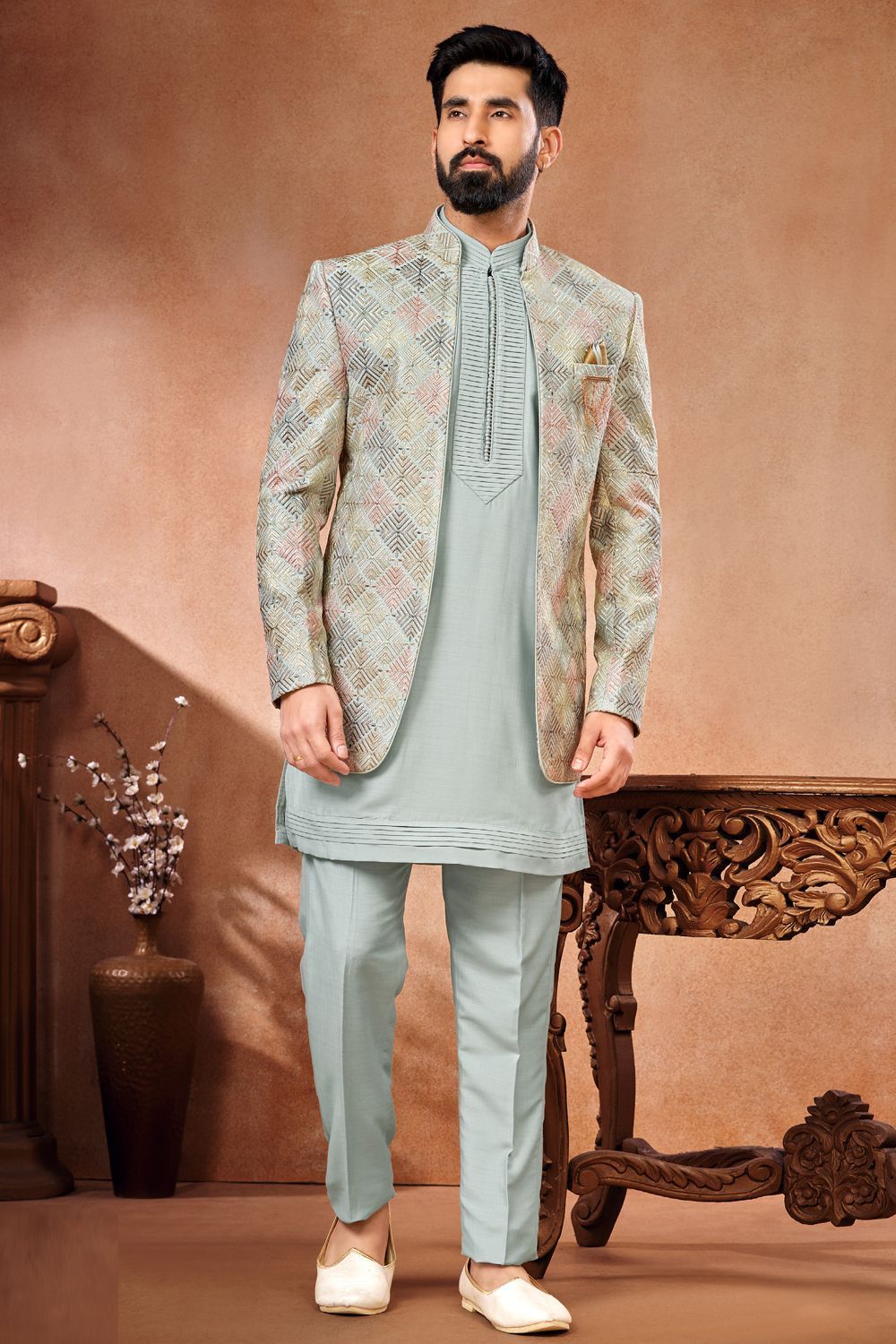 Grey Banarasi Silk Mens Jodhpuri (NMK-7260) - Nihal Fashions