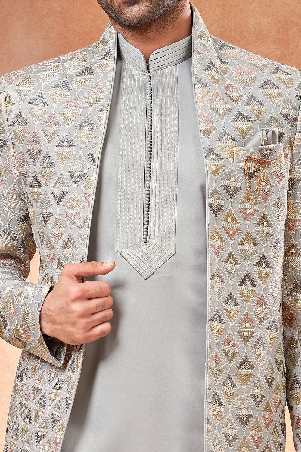 Grey Banarasi Silk Mens Jodhpuri (NMK-7269) - Nihal Fashions