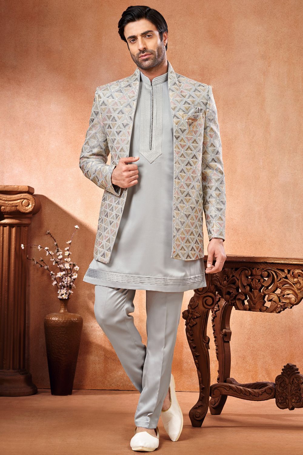 Grey Banarasi Silk Mens Jodhpuri (NMK-7269) - Nihal Fashions