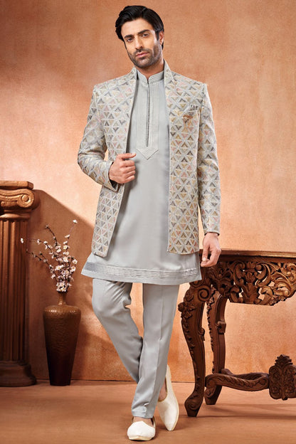 Grey Banarasi Silk Mens Jodhpuri (NMK-7269) - Nihal Fashions