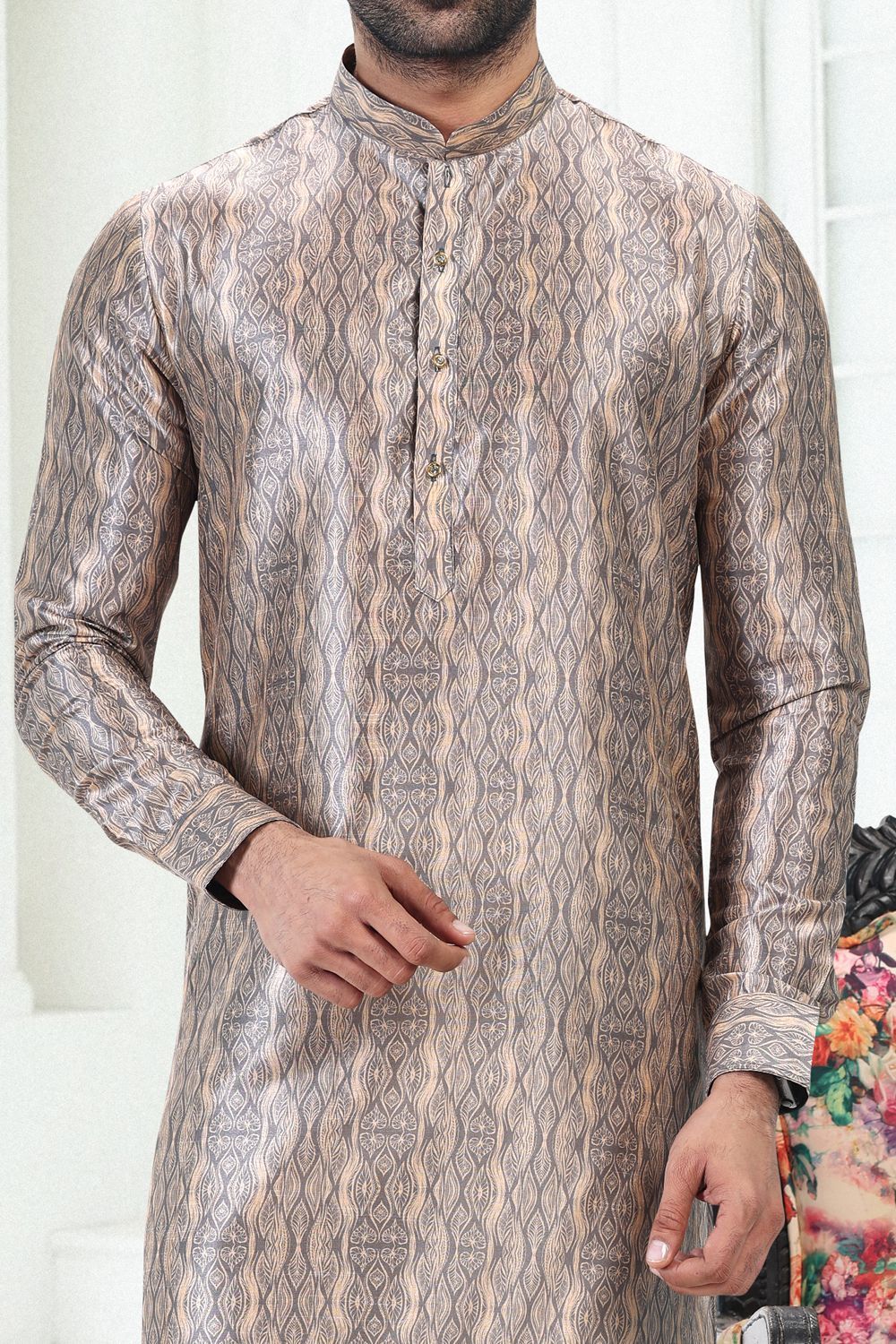 Grey Banarasi Silk Mens Kurta (NMK-6709) - Nihal Fashions