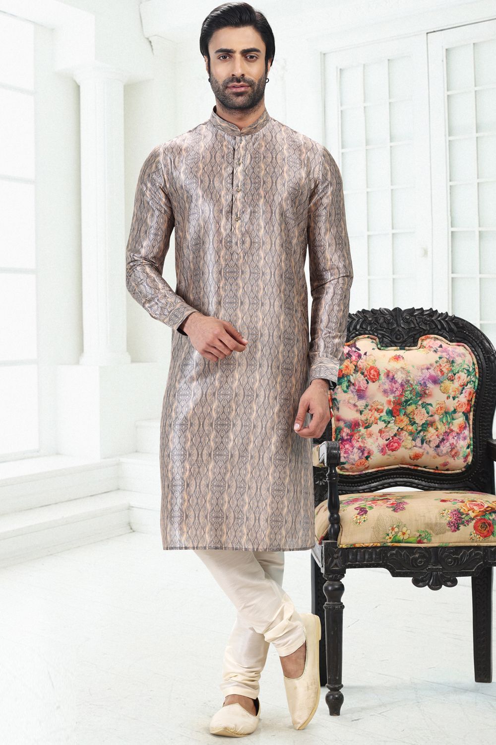 Grey Banarasi Silk Mens Kurta (NMK-6709) - Nihal Fashions