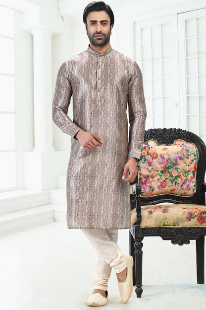 Grey Banarasi Silk Mens Kurta (NMK-6709) - Nihal Fashions