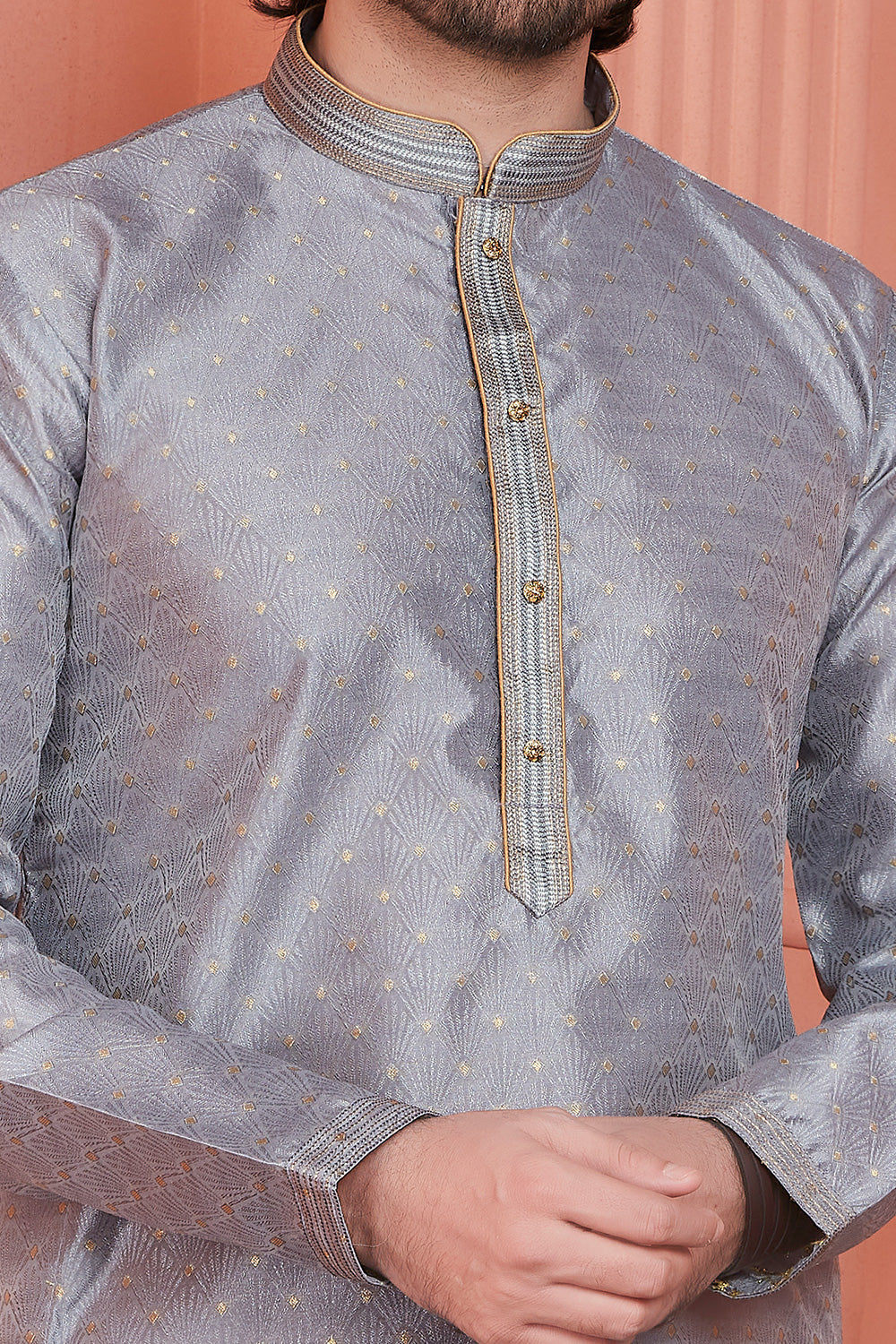Grey Banarasi Silk Mens Kurta Pajama (NMK-8172) - Nihal Fashions