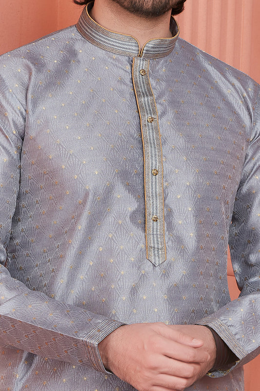 Grey Banarasi Silk Mens Kurta Pajama (NMK-8172) - Nihal Fashions
