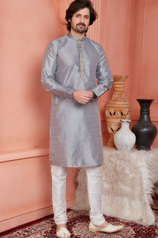 Grey Banarasi Silk Mens Kurta Pajama (NMK-8172) - Nihal Fashions