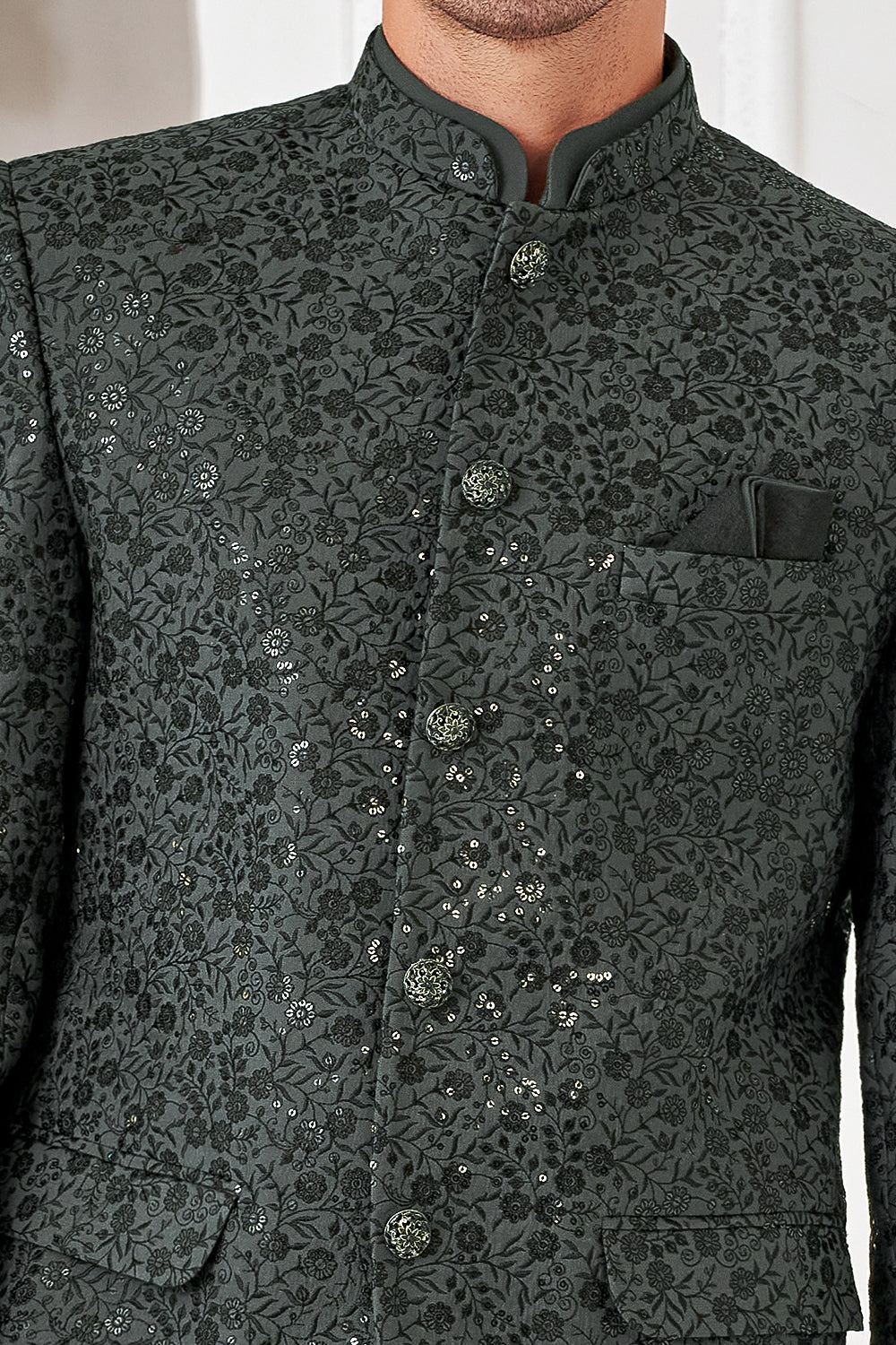 Grey, Black Art Embroidered Silk Bandhgala (NMK-8544) - Nihal Fashions